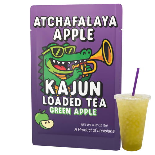 Purple package of Atchafalaya Apple Kajun Loaded Tea Green Apple with a cartoon alligator and a cup of tea. 