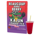 An image featuring the full Beaucoup Berry packet design (alligator in star shades) next to a clear cup of the prepared, deeply red-colored loaded tea.