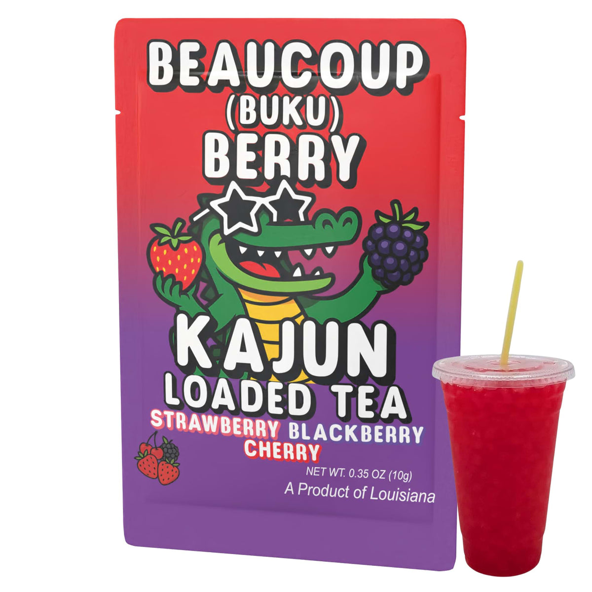 An image featuring the full Beaucoup Berry packet design (alligator in star shades) next to a clear cup of the prepared, deeply red-colored loaded tea.