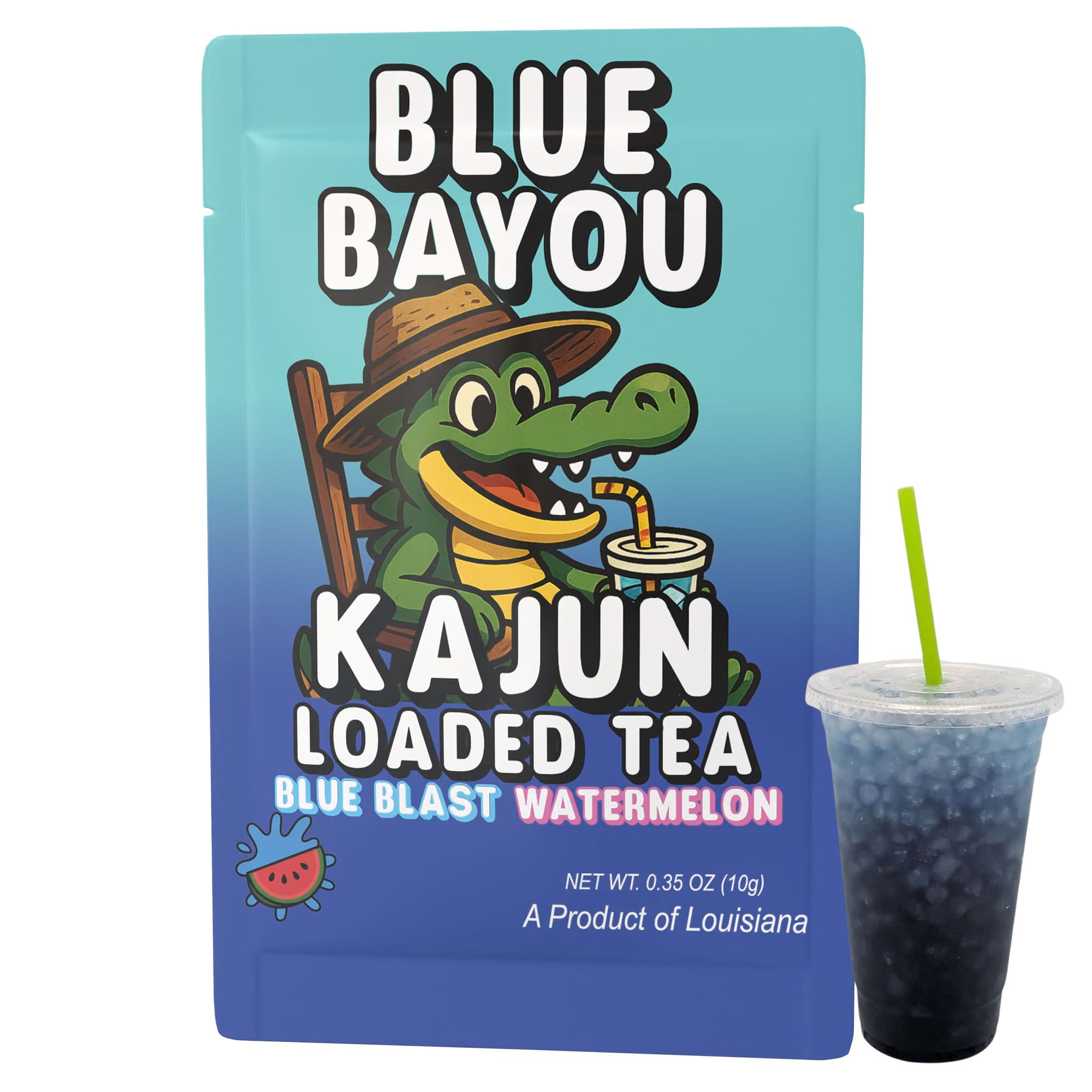  Image of a single Blue Bayou packet (featuring the seated alligator mascot) next to a clear cup of the prepared, dark blue loaded tea.