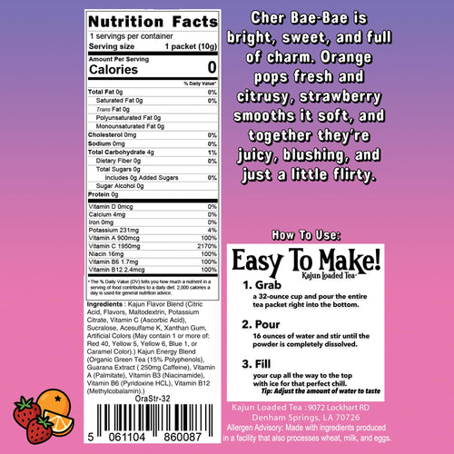 This image displays the product Nutrition Facts panel, confirming 0 calories, 0 sugar, and a very high vitamin C level (1950mg).