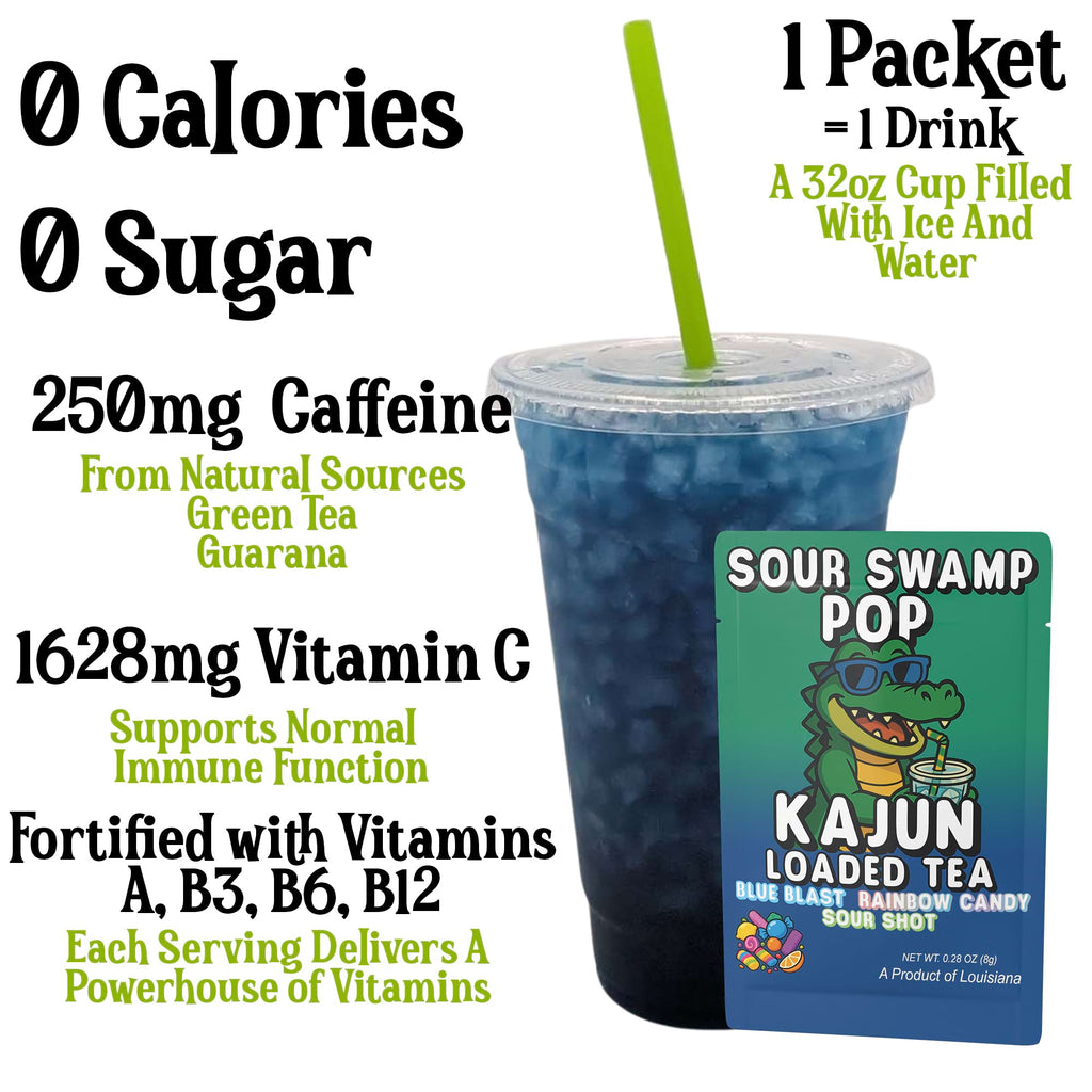 Kajun Loaded Tea Sour Swamp Pop packet with a cup of loaded tea and text about its nutritional benefits. 