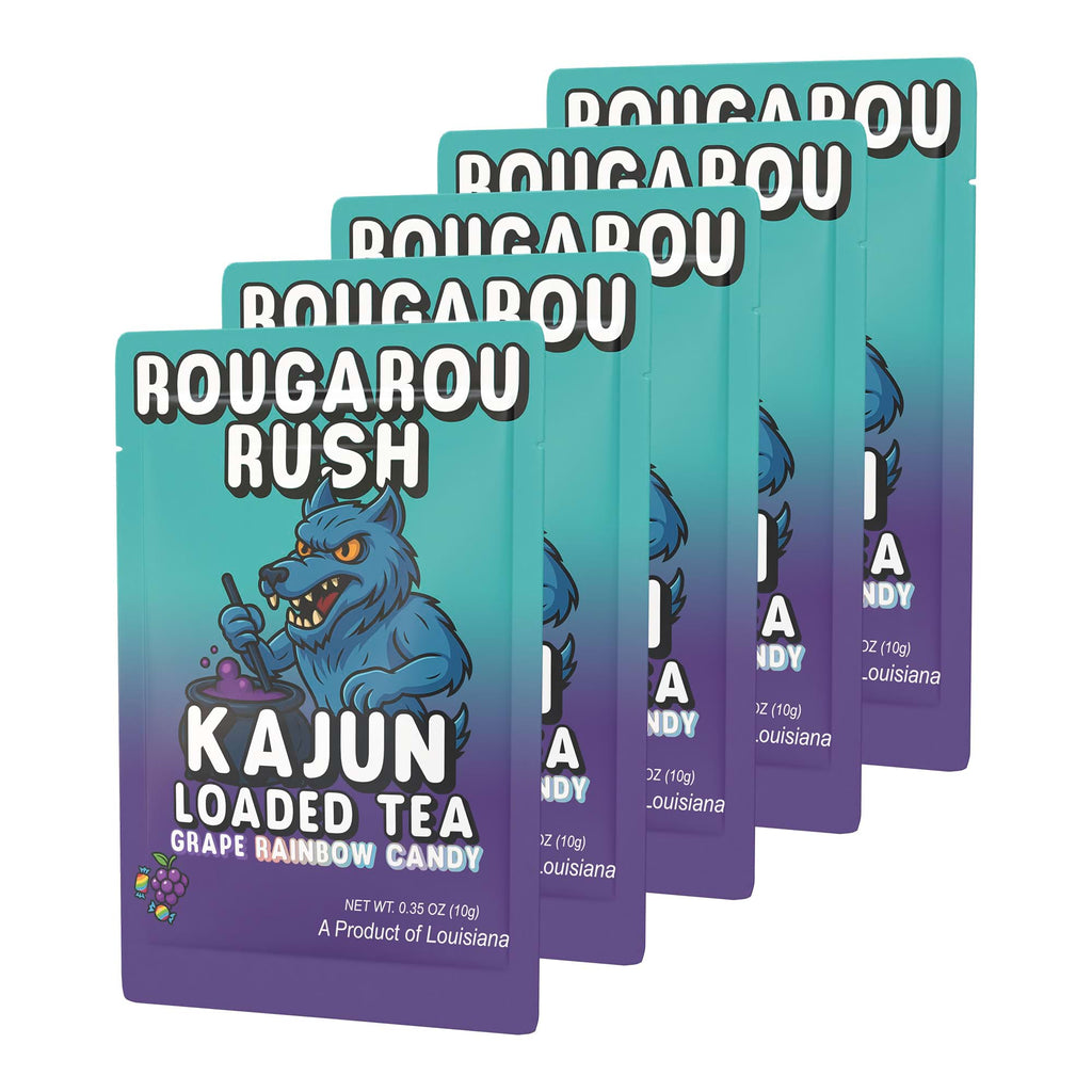 Five packets of Rougarou Rush stacked in a retail display, featuring the blue werewolf-like creature stirring a cauldron.