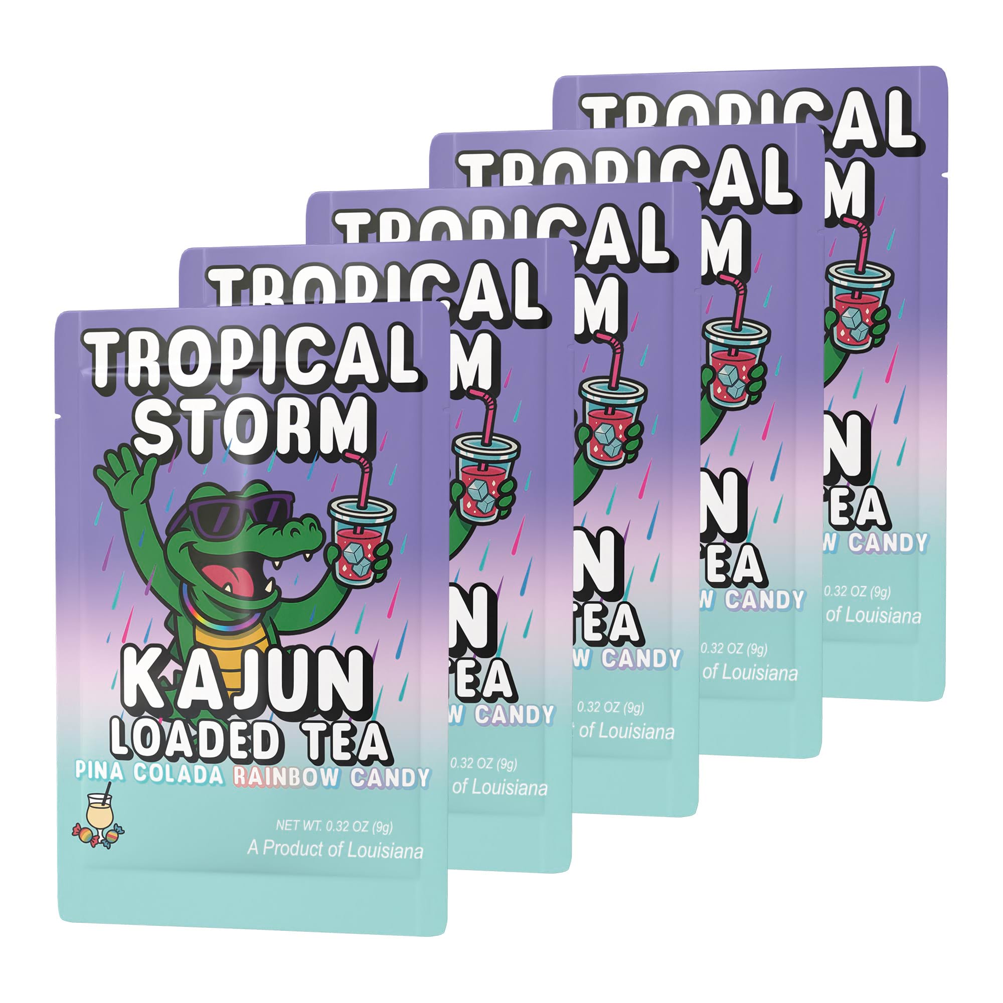 Five packets of Tropical Storm stacked in a retail display, featuring the alligator mascot wearing sunglasses and holding a tropical drink under raining confetti.