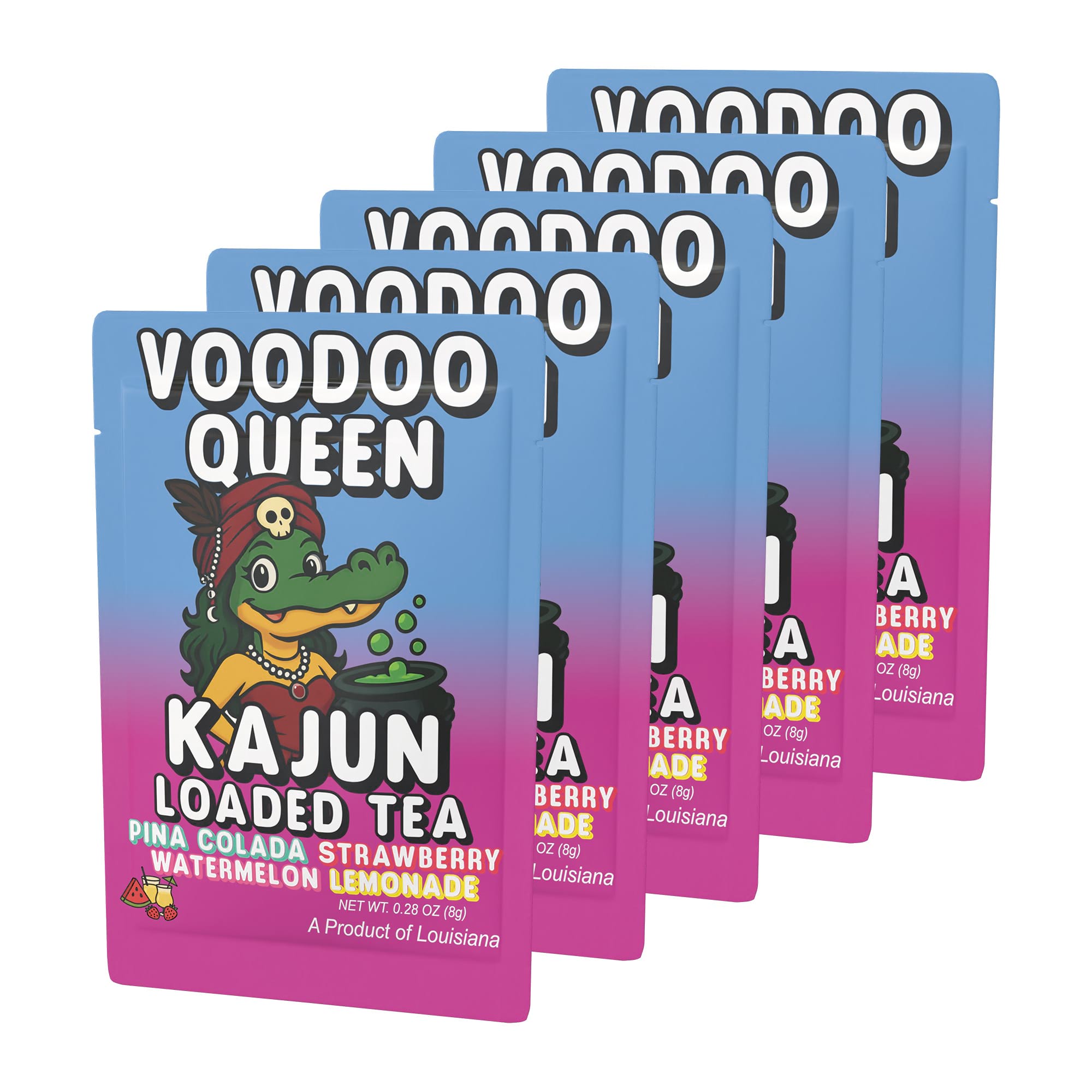 Five packets of Voodoo Queen stacked in a retail display, featuring the alligator mascot dressed as a queen with a skull head wrap and a bubbling cauldron.