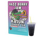 The single Jazz Berry Jam packet and a cup of the dark blue loaded tea, showcasing the alligator mascot and the Strawberry Blue Blast flavor.