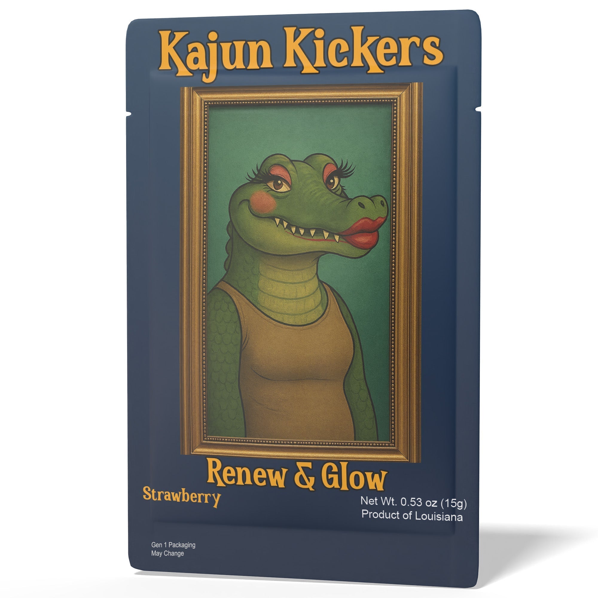 Kajun Kickers drink mix package with a cartoon alligator on a white background.