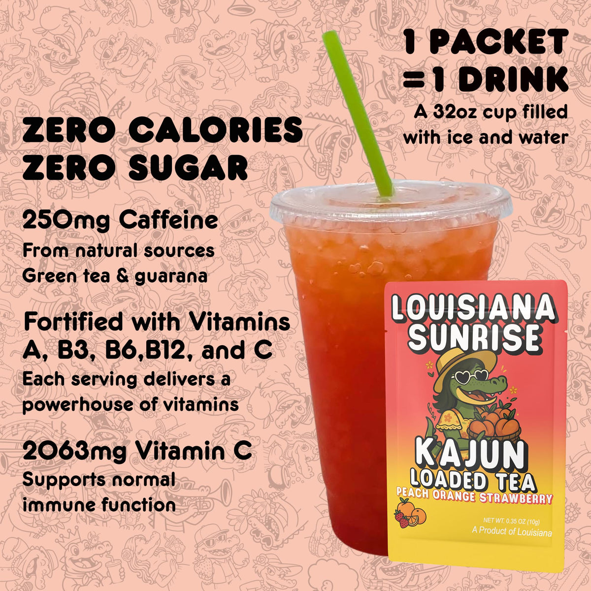 Kajun Loaded Tea drink mix packet shown with a 32oz prepared drink. Zero calories, zero sugar, 250mg natural caffeine, and added vitamins A, B3, B6, B12, and C.
