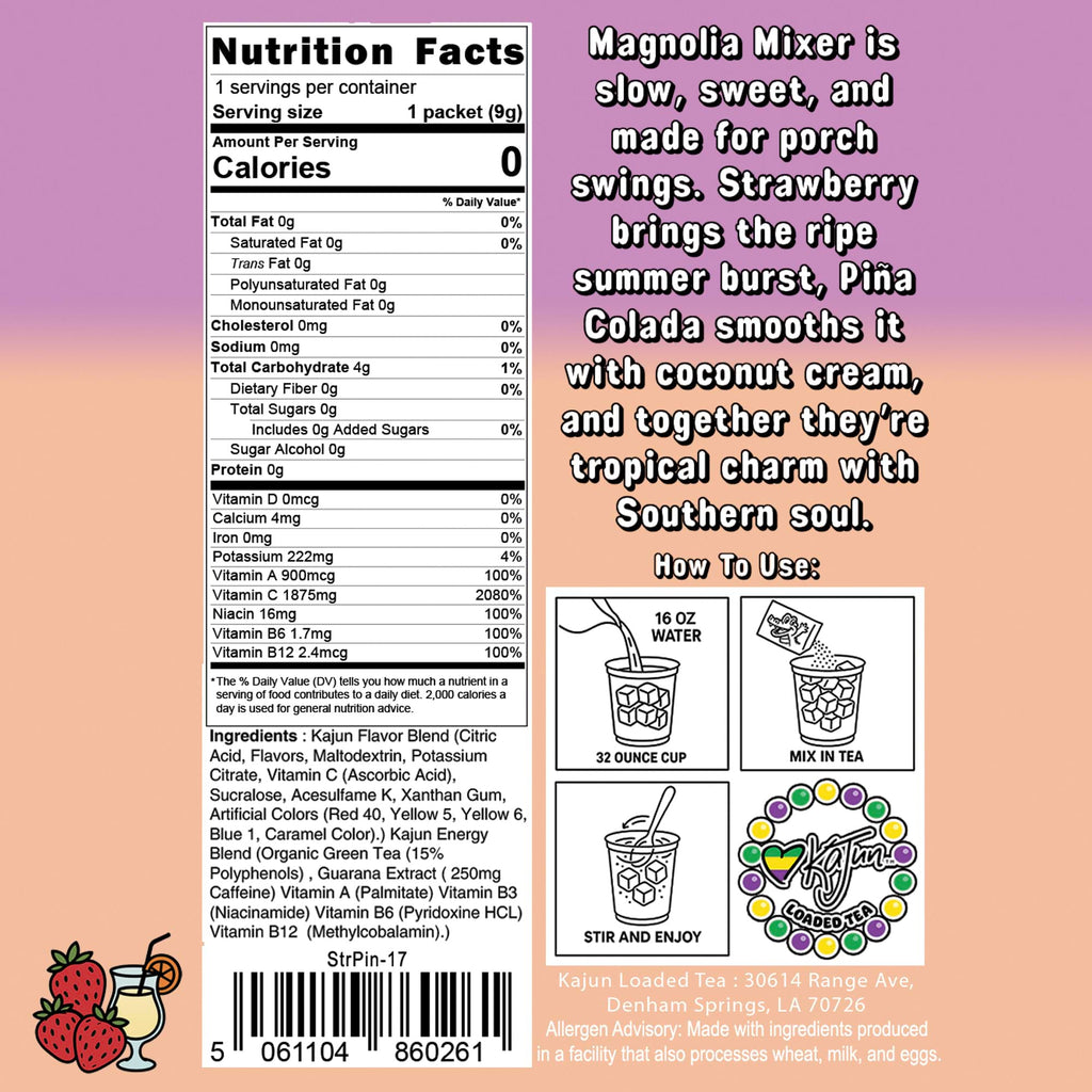 The back view of the Magnolia Mixer packet showing its nutrition label, tropical flavor notes, and step-by-step mixing guide.