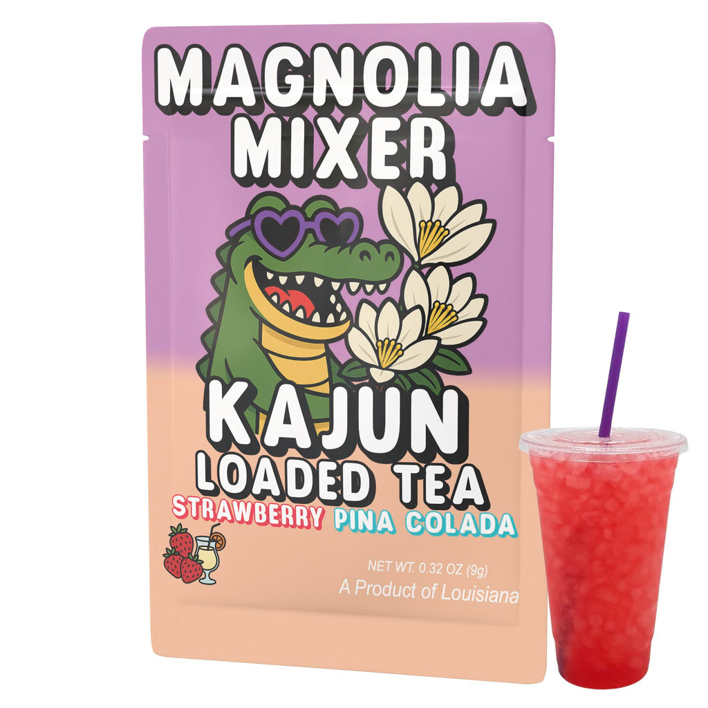 Magnolia Mixer Kajun Loaded Tea packaging with a red drink and purple straw on a white background