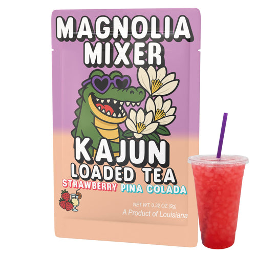 Magnolia Mixer Kajun Loaded Tea packaging with a red drink and purple straw on a white background