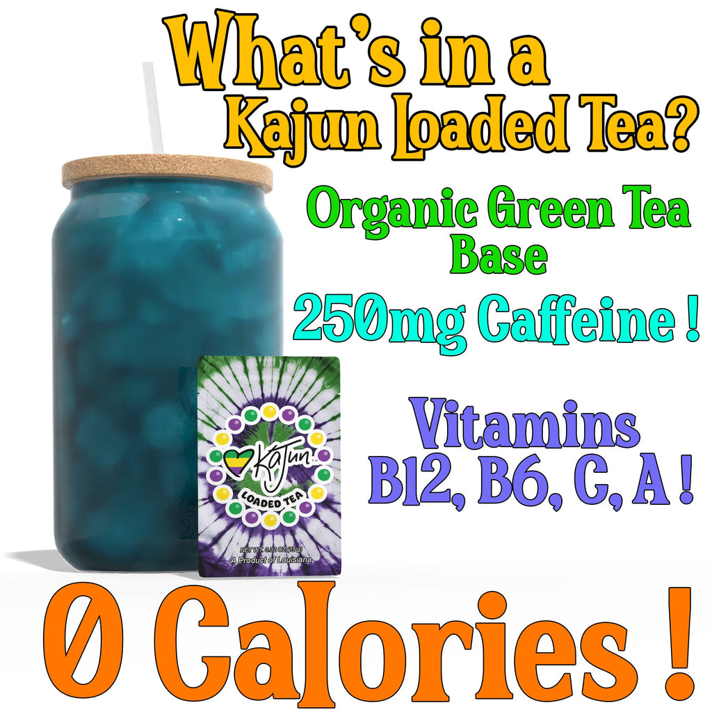 What’s in a loaded tea? Organic green tea base. 250mg caffeine. Vitamins B12, B6, C, and A. Zero Calories!