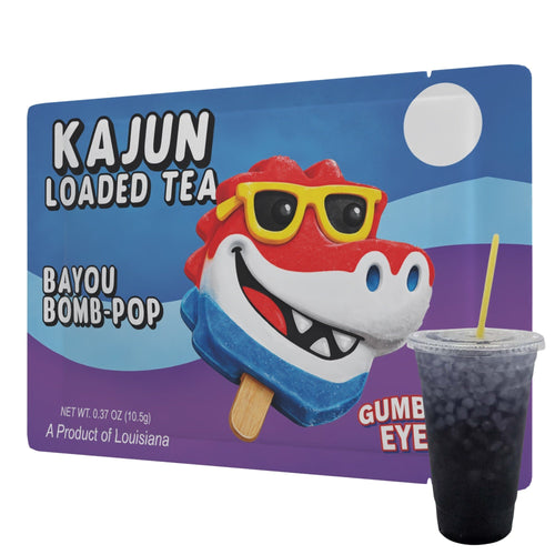 Kajun Loaded Tea Bayou Bomb Pop packaging with a cartoon character and a cup of tea.
