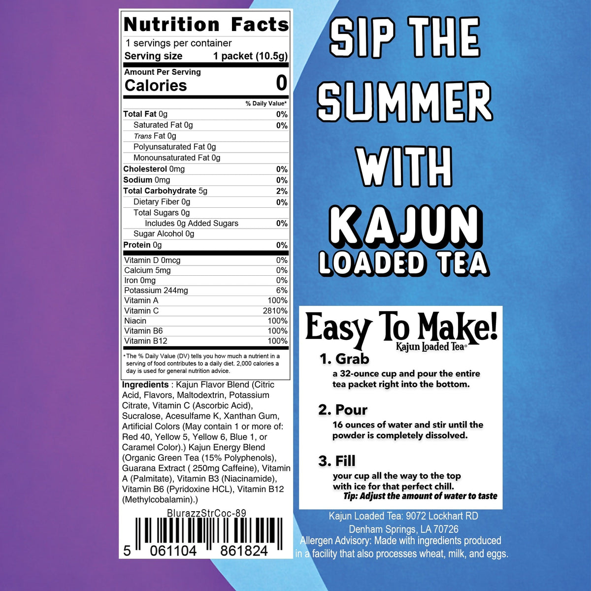 Kajun Loaded Tea label with nutrition facts and preparation instructions on a purple and blue background
