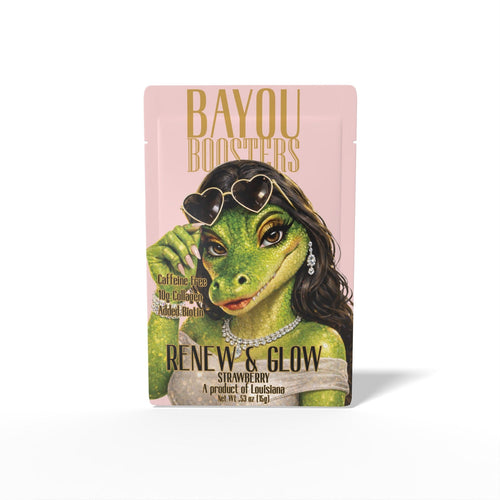 Loaded Tea collagen mix-in packaging with a character in green makeup and sunglasses on a pink background