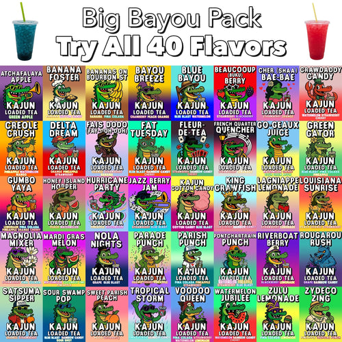 A grid showing the top flavors in the big bayou 40-pack