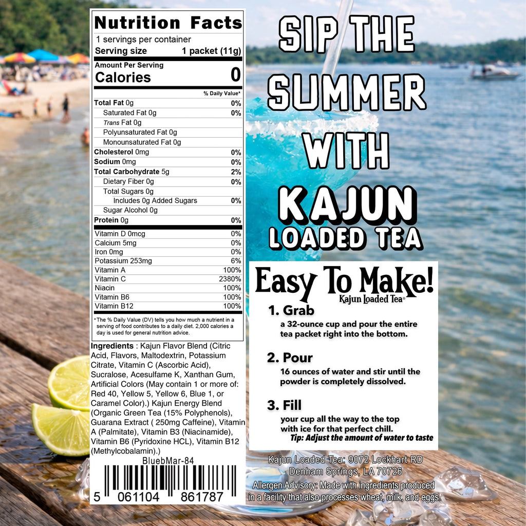 Nutrition label for Kajun Loaded Tea with a scenic background of a lake and beach.