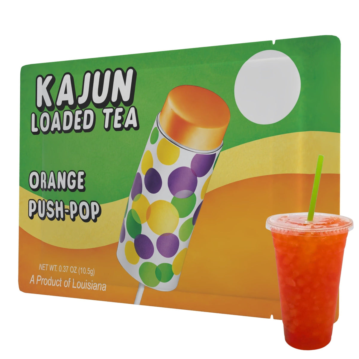 Kajun Loaded Tea Orange Push-Pop packaging with a colorful drink.