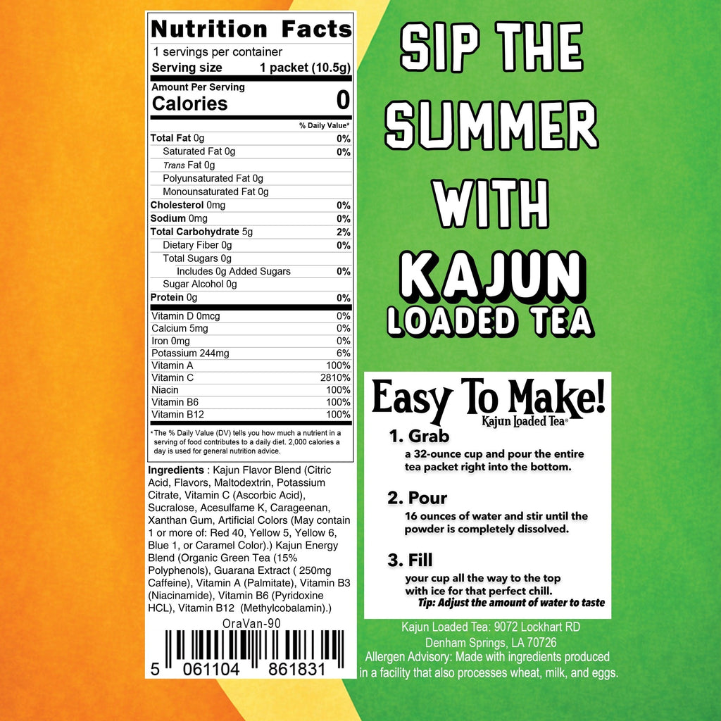 Nutrition facts label and promotional text for Kajun Loaded Tea Orange Push-Pop 
