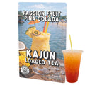 Kajun Loaded Tea Passion Fruit Pina Colada packaging with a drink and tropical scene.