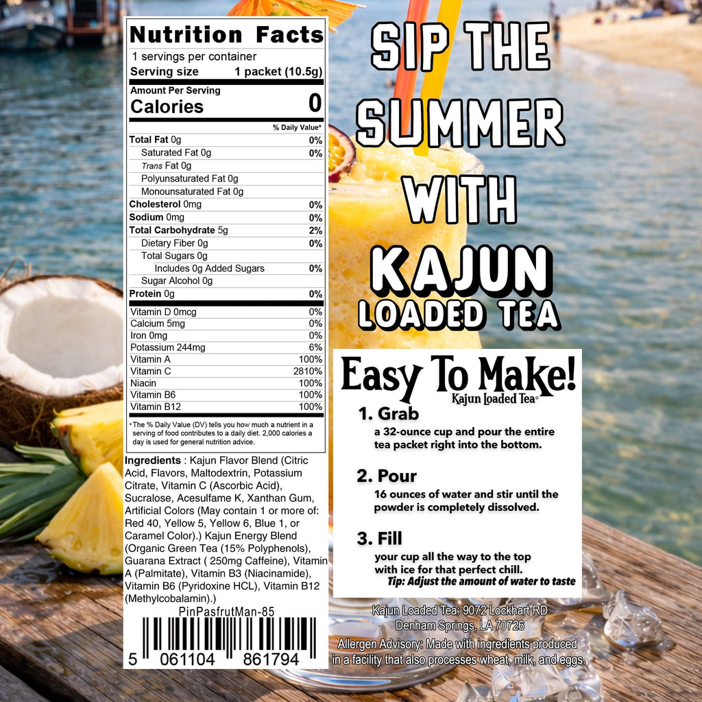 Kajun Loaded Tea packaging with nutrition facts and preparation instructions, set against a beach background.