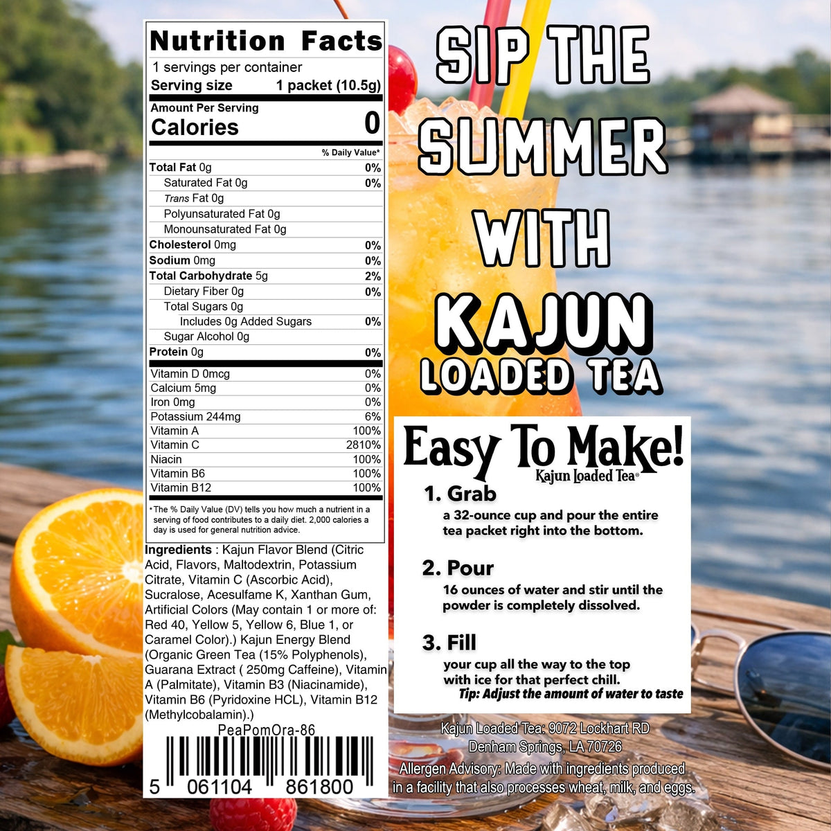 Kajun Loaded Tea packaging with nutritional information and summer promotion text, set against a lakeside background.