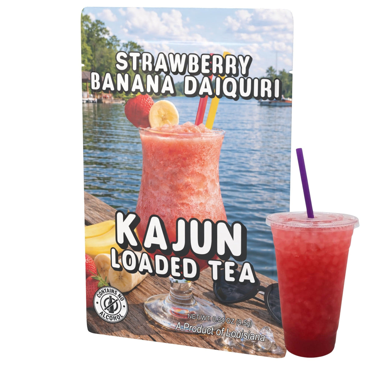 Kajun Loaded Tea Strawberry Banana Daiquiri packaging with a drink image and lake background