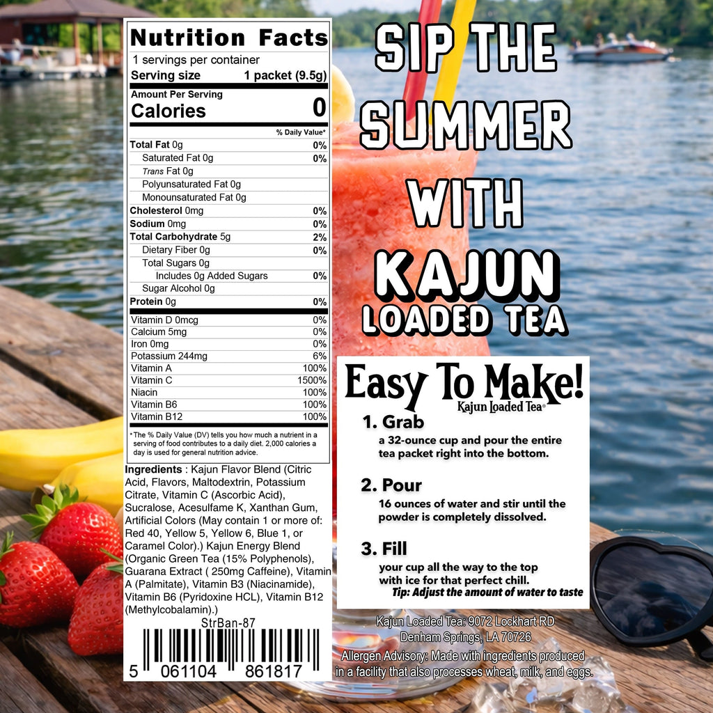 Nutrition label for Kajun Loaded Tea with a scenic background of a lake and dock.