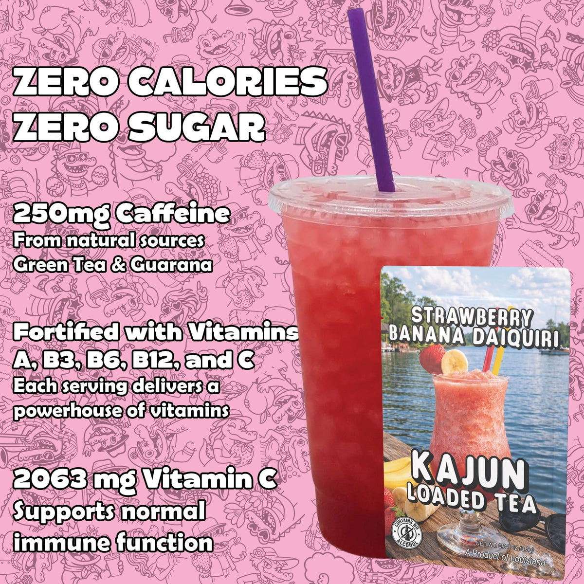 Strawberry banana daiquiri with nutritional information on a pink background